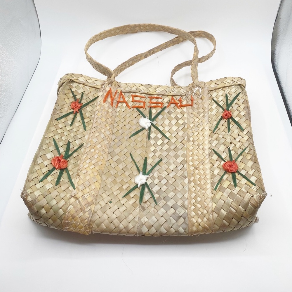 Nassau Bag Purse Straw Woven Tote Bag with Floral Accents 14”x13”